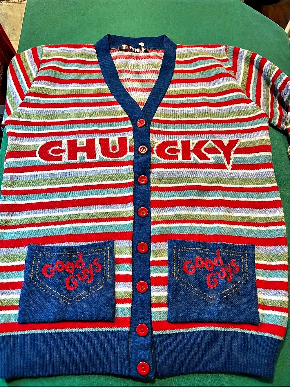 Striped Cardigan in Red & Blue Like New, Chucky